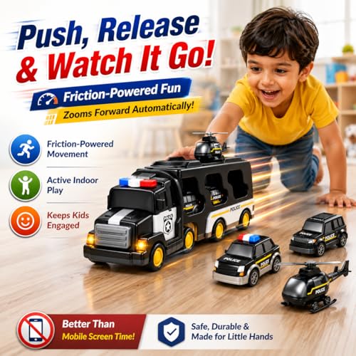 Image of Police Truck Toy for Kids, 5-in-1 Police Vehicle Set with Friction Powered Transport Truck, Mini Army Cars, Lights & Music, Educational Toy Gift for Boys & Girls Age 3+