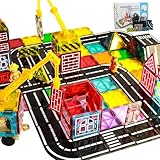 Magnetic Tiles Road Set with Crane for Kids Ages 3-5 4-8 5-7 Preschool City Construction Kids Games Toddler Magnet Building Toys for 3+ Year Old Boys Girls Gifts