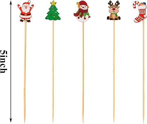 Miniatura 2 de 100 palillos de cóctel de Navidad, árbol de Navidad, copo de nieve, muñeco de nieve, renos de Papá Noel, 4.7 pulgadas, palillos de bambú para