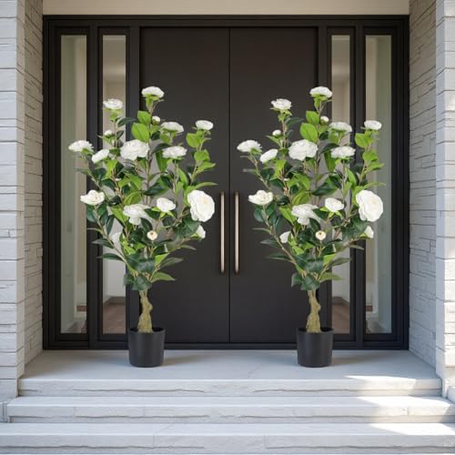 Artificial Camellia Tree 2 Pack, 3FT Faux Camellia Plant in Pot, 36 inch Fake Potted Camellia Flower...