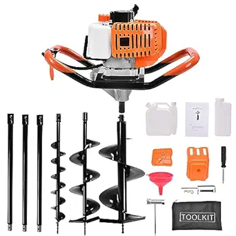 72CC Auger Post Hole Digger, 3KW 2 Stroke Post Hole Auger Gas Powered with 3 Auger Drill Bits(4" & 8" & 12") + 3 Extension Rods for Farm Garden Plant