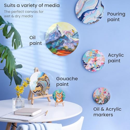 Image of Round Stretched Canvas Board 100% Cotton, Primed - MDF Backed Circle Panel for Acrylic, Oil & Watercolor Painting (4 inch Pack of 4)