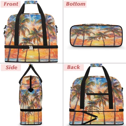 Travel Duffel Bag with Shoe Compartment, Sunset Palm Trees Shoulder Weekender Bags for Women, Foldable Waterproof Travel Bag Carry on Bag3