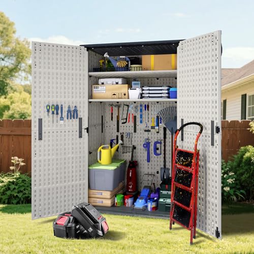 Image of Greesum Outdoor Storage Shed Without Divider, 50 cu.ft Outdoor Waterproof Storage Cabinet for Garden Tools, Garbage Cans, Pool Storage, Beige