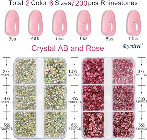 Image of Bymitel 7200 Pieces Crystal AB and Rose Rhinestones Flat Back 6 Mixed Sizes Crystal Round Glass Gems with Tweezers and Picking Rhinestones Pen