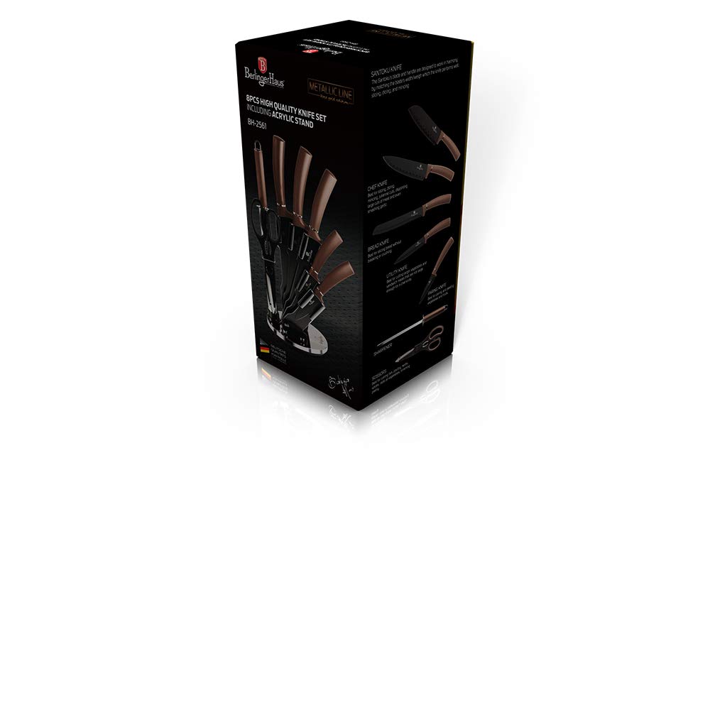 Berlinger Haus Rose Gold Set de Couteaux de Cuisine Professionnel 8 Pièces, Acier Inoxydable, Revêtement Antiadhésif, Support, Couteau de Chef, Santoku, Acier à Aiguiser, Ciseaux, Design Metallic