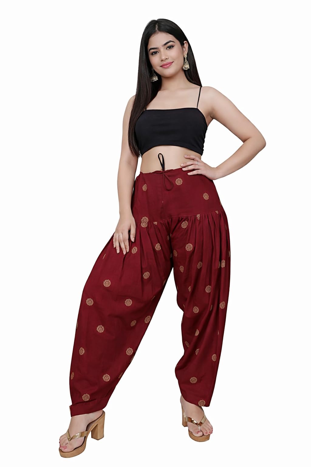 white tulips Women’s Block Print Patiala Salwar | Gold Printed Cotton Patiala Pants | Free Size | Traditional Punjabi Pleated Ethnic Wear-picture-31