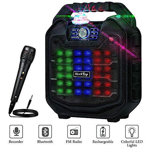 VerkTop Karaoke Machine Portable PA System Rechargeable Wireless Bluetooth Speaker with Disco Ball&Wired
