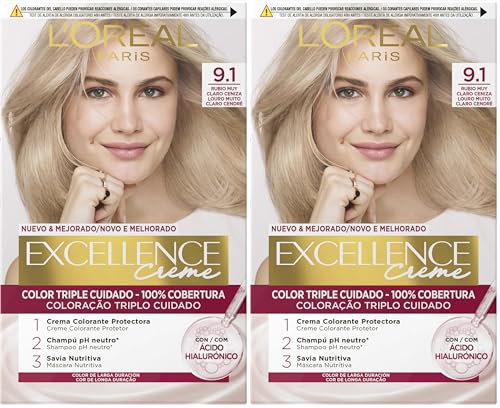 L'Oreal Paris Excellence Creme Tinte Permanente, Color 9.1 Rubio Muy Claro Ceniza, 1 Unidad (Paquete de 2)