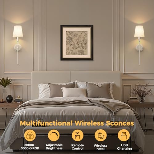 Image of DORESshop Battery Operated Wall Sconce Set of 2, 7 Color Wireless Wall Light Easy to Install, Sconce Wall Decor Set of 2 for Bedroom, Living Room, Fabric Linen Shade, Nickel, 24.6in