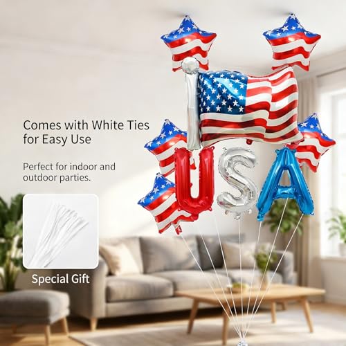 Image of 4th of July Decorations - Patriotic Independence Day Decorations, Red White and Blue American Flag Balloons, Foil USA Balloons Set for Quick Party Setup, Inflate & Deflate for Multiple Uses