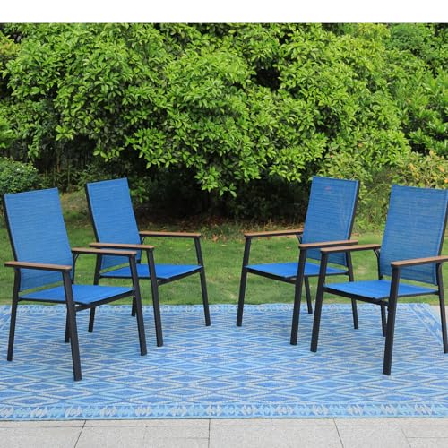 Image of PHI VILLA Outdoor Stackable Dining Chairs Set of 4 w /Aluminum Frame, Blue | Breathable & quick-drying Textilene, Space-saving, Light-weight, Weather-resistant, Patio lawn deck