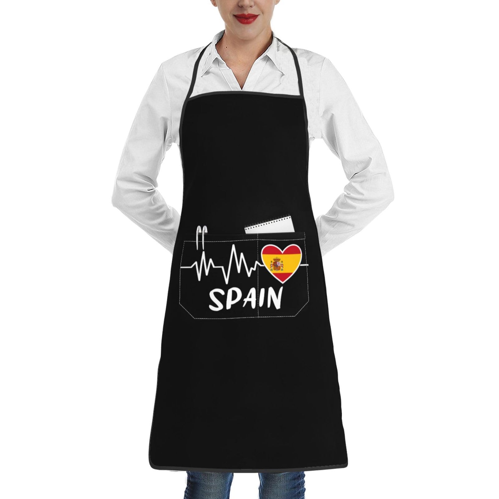 nopicsn Spain Heartbeat Apron for cooking with Pockets Women Men Kitchen Chef Funny Aprons