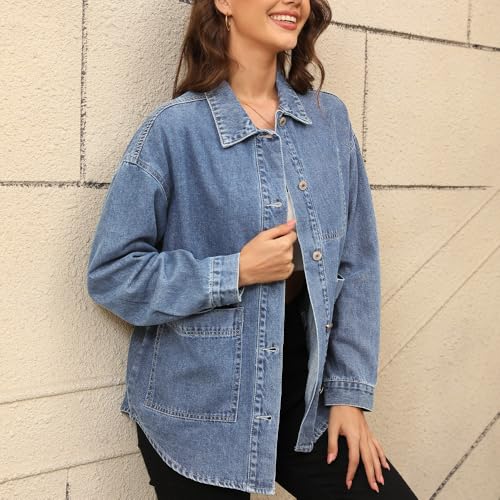 Women's Denim Jacket Oversize Long Sleeve Button Down Shirt Boyfriend Jeans Shacket Jacket Coat with Pocket3