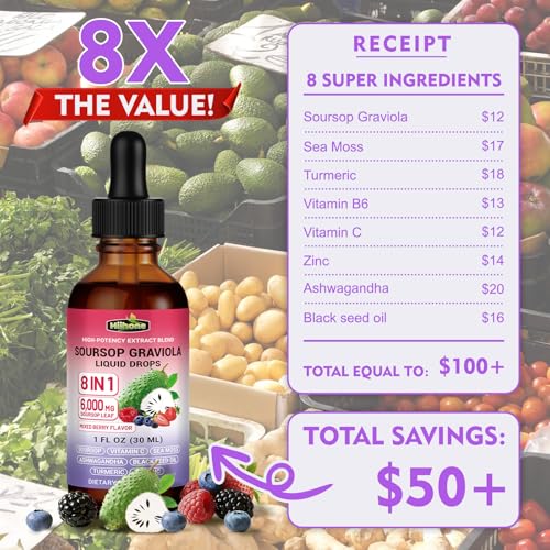 Image of 2 Pack | 8-in-1 Soursop Bitters Liquid Drops, Mixed Berry Flavor, 1 fl oz | Alcohol-Free, Soursop Leaf Extract Drops, Sea Moss, Ashwagandha & Turmeric, Immune, Liver, Antioxidant & Sleep Support