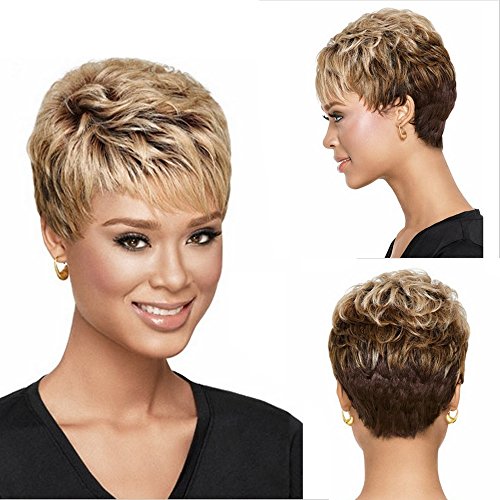 GNIMEGIL Short Ombre Wigs for White Women Pixie Cut Hairstyle Blend Color Synthetic Wig Blonde Ombre Brown Dark Roots Hair Natural Looking Heat Resistant Wigs Daily Wear Party