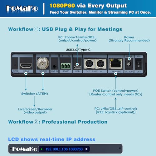 Image of FoMaKo PTZ Camera 20X Optical Zoom, 1080P 60fps AI Auto-Tracking & Framing, USB3.0 3G-SDI HDMI PoE+, LCD IP Display for Live Streaming Church Worship, Conference Room & Education, NDI Upgradeable K20
