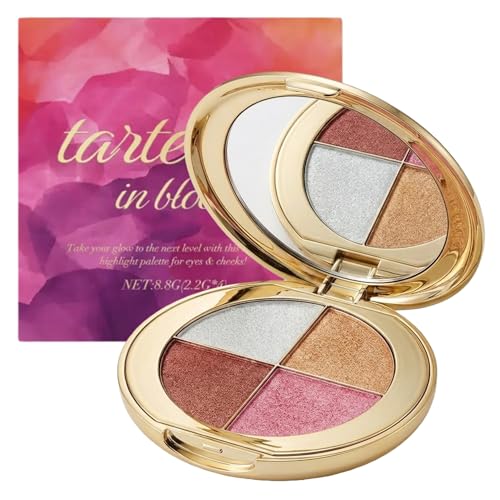 4-Color Highlighter & Blush Palette Shimmer Eyeshadow Makeup Kit 2-in-1 Face Illuminator Powder with Mirror Long-Lasting Diamond Glow Texture Portable Travel Size for Natural Radiance (Gold)