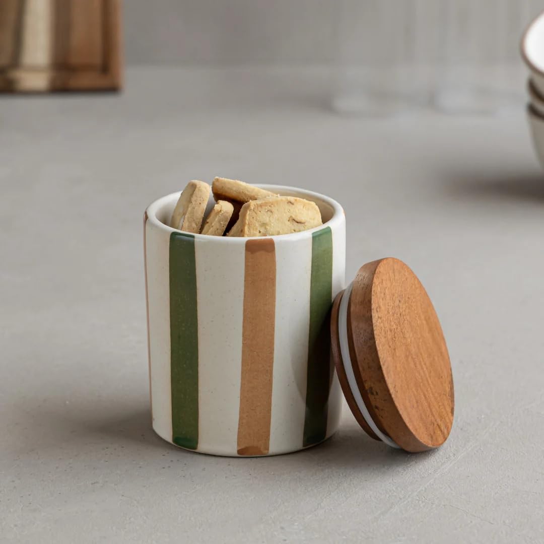 Aurum Crafts Floral Green Handpainted Ceramic Jar with Wooden Lid | Multi Utility Storage Jar | Ceramic Kitchen Canister | Cookie Jar (Large - 500ml)