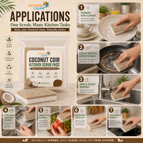 Image of Kitchen Clean Natural Coconut Coir & Cellulose Blend Dish Scrubber Sponge, Eco-Friendly Biodegradable Kitchen Cleaning Sponge, Non-Toxic Long-Lasting Scrub Pads for Utensils, Pots & Pans - Pack of 8