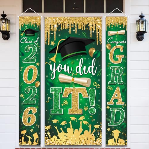 Image of Green and Gold Graduation Decorations Class of 2026 Congrats Grad Banner and You Did It Door Cover for High School College Graduation Party Supplies(Green)