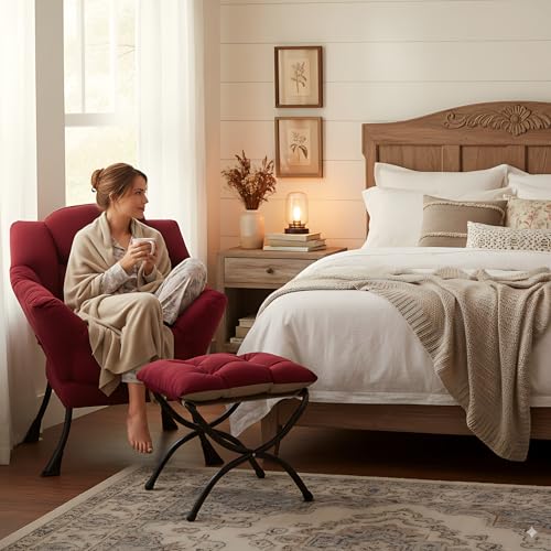 Image of LITA Lazy Chair with Ottoman, Modern Accent Leisure Upholstered Sofa Chairs, Contemporary Lounge Reading Chairs with Armrests and a Side Pocket for Living Room, Bedroom & Small Space, Burgundy