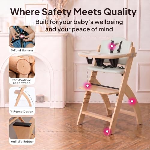 Image of Abiie Beyond Junior Wooden High Chair for Babies and Toddlers - Convertible 3-in-1 Baby Highchair with Removable Tray - 6 Months to 250 Lb - Water Resistant - Natural Wood /Dove Grey Cushion