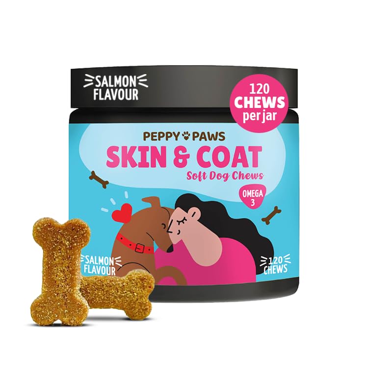 Image of Skin & Coat Soft Chews for Dogs - 120 Count | Omega 3, DHA, Biotin, Zinc, Vitamin E & C | Anti-Shedding, Itch Relief, Soft Fur Growth | Salmon Flavor | Natural, Non-GMO