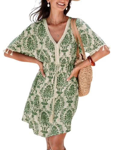 Image of CUPSHE Women Tassel Trim Summer Dress V Neck Lace Short Sleeve Paisley Boho Casual Sundress Holiday Beach Mini Dress