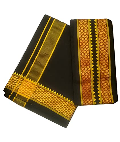 Kolakeer™ Men's Cotton Dhoti And Angavastram Set - 4 Mulam/1.9 Mtr Fancy Resham Bordered Dhoti With 1.5 Mtr Angavastram Towel2