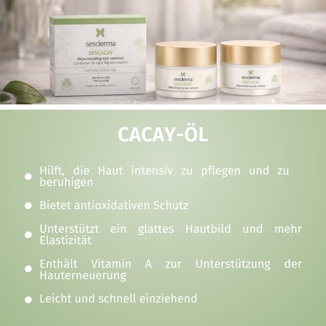 Sesderma SESCACAY Verjüngende Augencreme mit Cacay-Öl & HPR 30 ml - Anti-Aging Augenpflege gegen Falten, Schwellungen & Augenringe, Straffend, Beruhigend, mit Peptiden & EGF