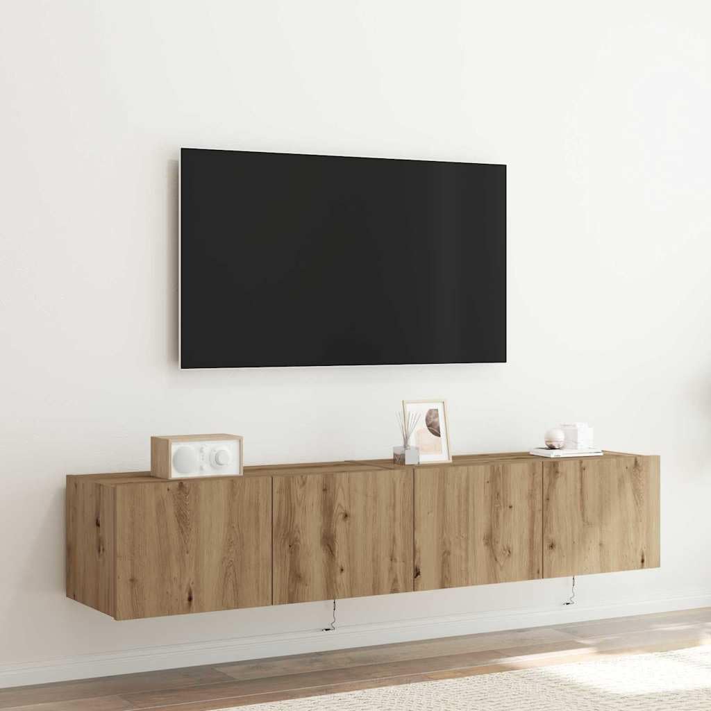 Szafka telewizyjna naścienna dąb Artisan szafka pod telewizor ścienny ze światłami LED i dużym schowkiem, wielofunkcyjny, 80 x 35 x 31 cm