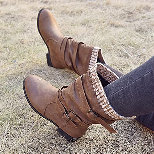 Womens Knight Boots Premium Faux Leather Buckle Strap Chunky Heels Mid-Well Boots Retro Ladies Shoes Ankle Boots #TOP1