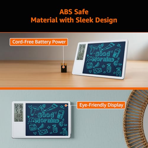 Image of Amazon Basics Digital Writing Pad Clock with Alarm, White color, ABS,Temperature Display, Calendar, 12 /24 Hr Format, Backlight-Free Design, Cell Battery Powered, Wall /Table Mount (Size: 263 x 10 x 165 mm)