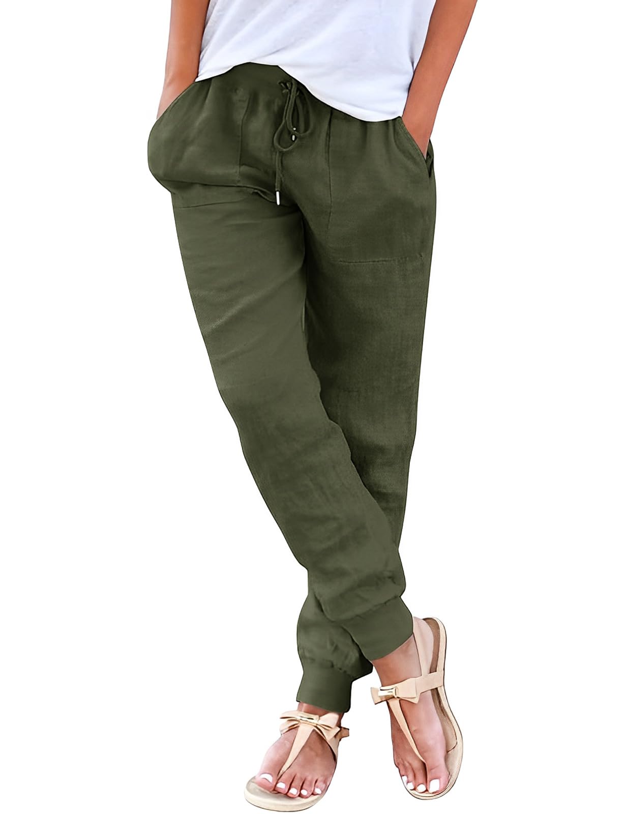 Yuson Pantalones Mujer Verano Lino Palazzo Cintura Alta Rectos Cómodos Bolsillos Cordón
