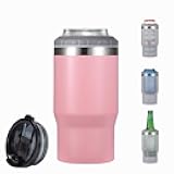 14oz 4 in 1 Stainless Steel Can Cooler Beer Bottle Insulator With 2 Lids for 12oz can&bottle, Double walled insulated Thermocooler &Travel Mug Holder Keeping Your Bevearge Cold (PINK#)