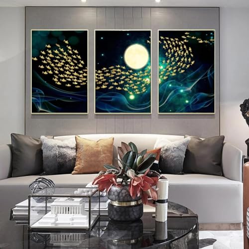 Mur vide salon ? Décorez avec ce triptyque toile poisson doré abstrait 30cm - 3
