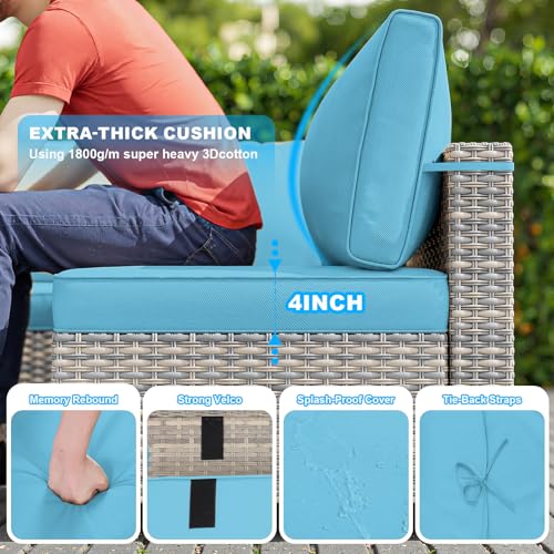 Image of 14-Piece Patio Furniture Set, Outdoor Sectional with Thick Cushions, Modular Patio Sofa, Dual-Strand Wicker Rattan, Rust-Resistant Frame, Backyard Furniture for Garden, Deck, Lake Blue