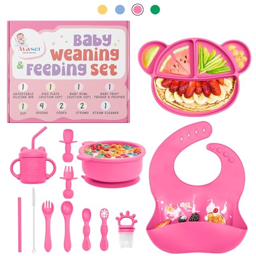 Image of Complete Silicone Baby Led Weaning Supplies Set - Animal-Themed 15-Piece Toddler & Baby Feeding Essentials with Bib, Suction Plate & Bowl, Forks, Spoons, Sippy Cup, Straws & More (Cheeky Pink)