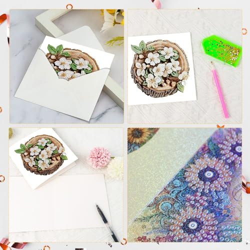 Image of 6 Pack Diamond Painting Greeting Card Kits with Envelopes, 5D Handmade Floral Wooden Slice Cards, DIY Crystal Rhinestone Diamond Art Cards for Christmas, Birthday, Thanksgiving, and Holidays