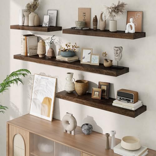 Image of Acovy Extra Deep 72 inch Long Rustic Solid Wood Floating Shelves for Wall, Wall Shelves with Invisible Bracket for Living Room Bathroom Bedroom Kitchen, Set of 1, Walnut