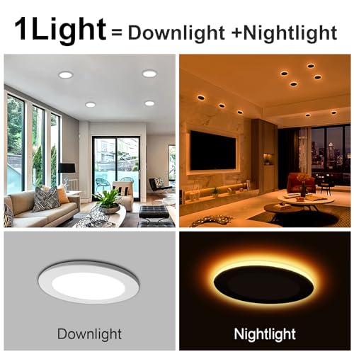 Image of 6Pack 6 Inch Ultra-Thin LED Recessed Ceiling Light with Junction Box and Night Light, 5CCT Selectable, 12W Canless Wafer Downlight, Super Bright 1050LM, Kitchen, Bathroom, Bedroom, FCC&ETL Listed