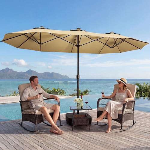 LEVELEVE 15FT Double-Sided Patio Umbrella with Base Included, Large Outdoor Rectangular Market Umbrella for Backyard, Poolside, Lawn & Garden, Khaki