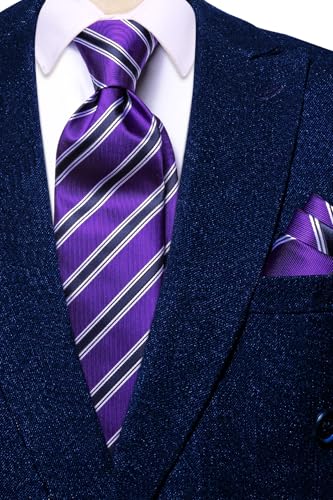 Image of Hi-Tie Navy Purple Ties for Men Silk Business Necktie Striped Mens Tie and Flower Lapel Pin Pocket Square Cufflinks Set