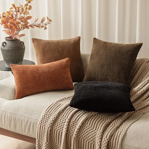 Image of Foindtower Pack of 2 Textured Chenille Throw Decorative Pillow Covers Square Accent Solid Cushion Cover Neutral Farmhouse Lumbar Pillow Case for Couch Sofa Bedroom Living Room 12x20 Inch,Orange