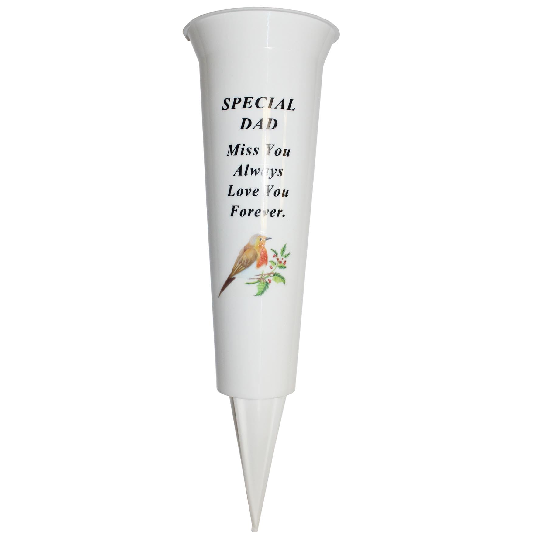 Widdle Gifts Special Dad 8705 Memorial Grave Flower Pot - 33Cm Tall Sturdy White Memorial Graveside Flower Vase With Spike And Robin Image (Special Dad 8705)