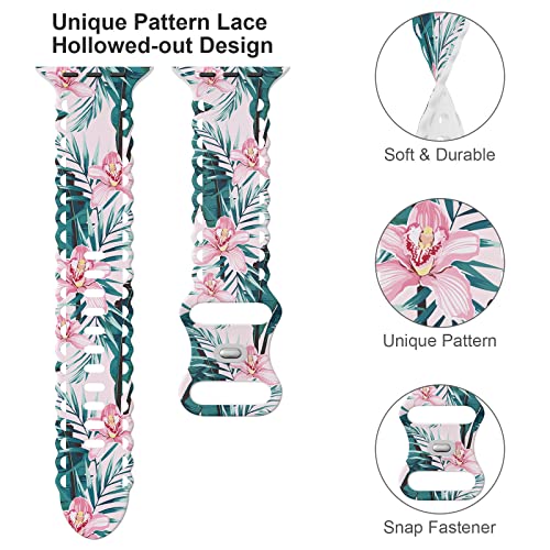 Image of Compatible with Apple Watch Band 41mm 40mm 38mm 49mm 45mm 44mm 42mm Women Girl, Plants Print Lace Hollow-out Soft Silicone Sport Bands For iWatch Ultra SE Series 10 9 8 7 6 5 4 3 2, Plants-42