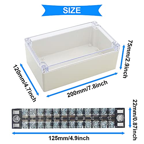 Youmile ABS Elektrische Anschlussdose 200x120x75 mm IP65 wasserdichte elektronische Projektgehäuse Box transparente Abdeckung für den Außenbereich mit 12P Klemmenblock, 4 Stück PG7 Kabelverschraubung