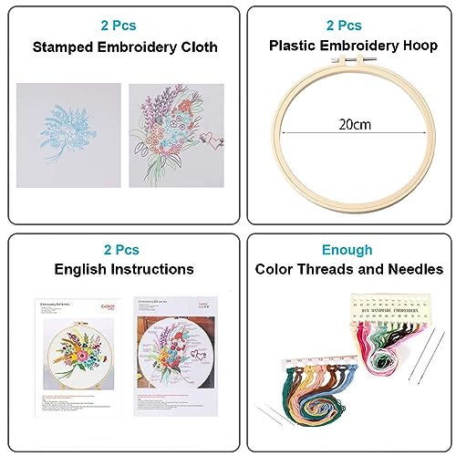 Image of Konrisa Stamped Embroidery Kit with Pattern Floral DIY Sewing Cross Stitch Kits for Adult Flowers Plants Embroidery Starter Kit with Embroidery Floss,Hoops,Color Thread,Needle,Instruction,Set of 2