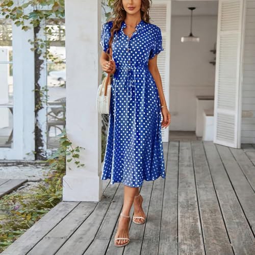 Polka Dot Dress for Women Short Sleeve V Neck Button Down Shift Dress Elegant Church Teacher Work Outfits2